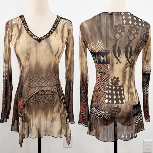 Cache Cache Sheer Mesh Top Brown Abstract Print Asymmetrical Y2K Vintage Size XS - Picture 1 of 10